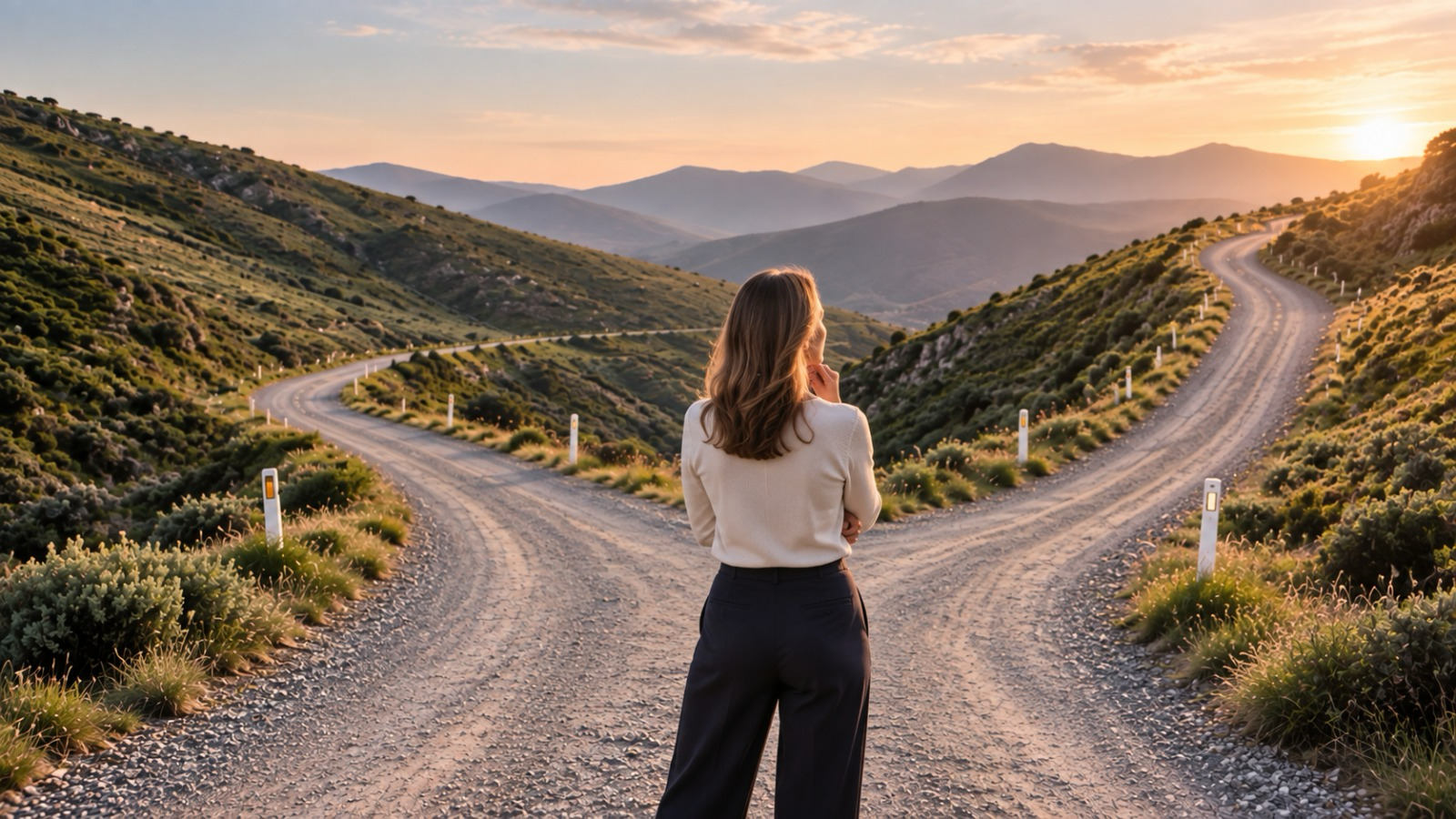 Mujer ante una bifurcación de caminos en la montaña