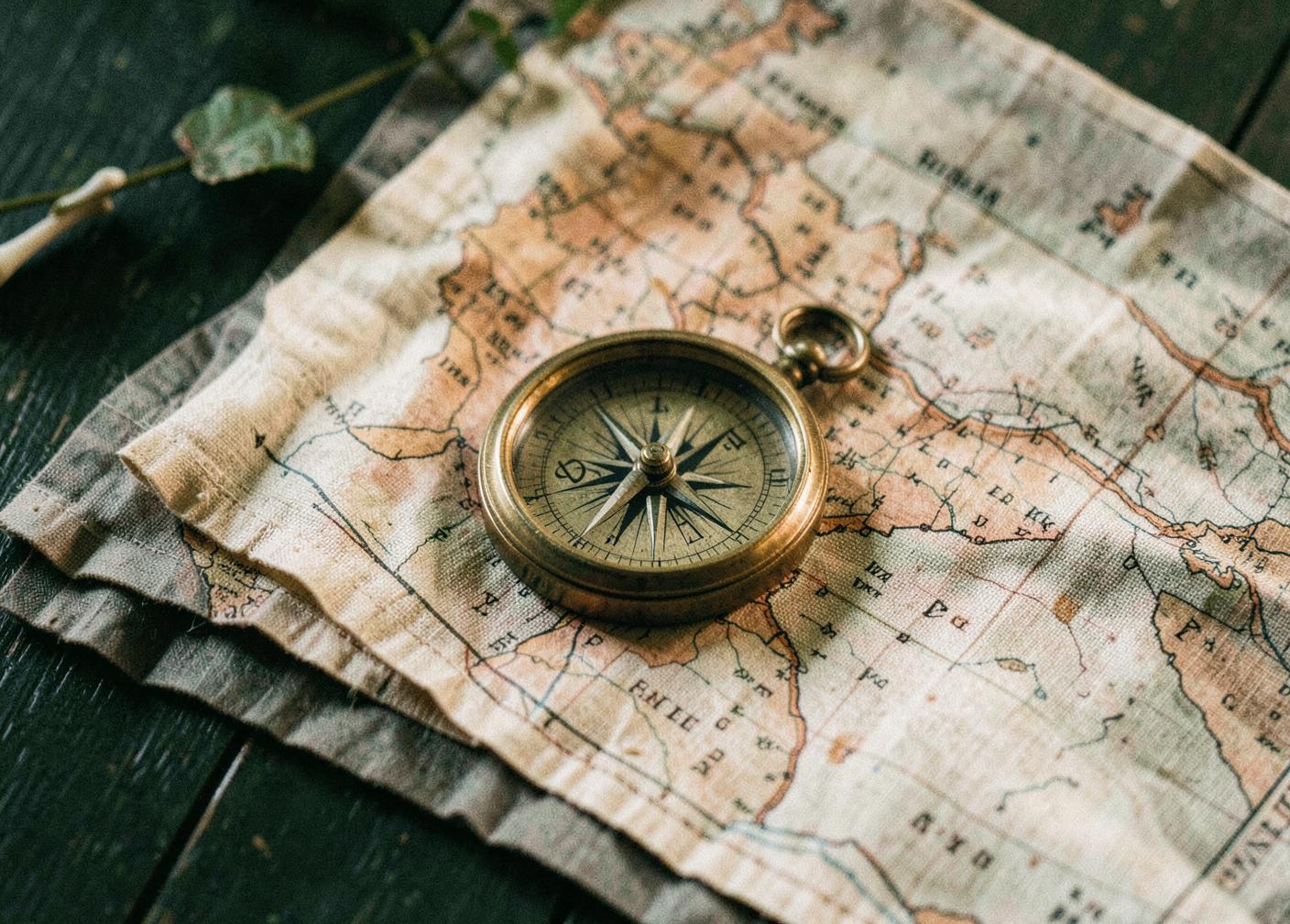 Brújula de latón sobre un mapa de tela