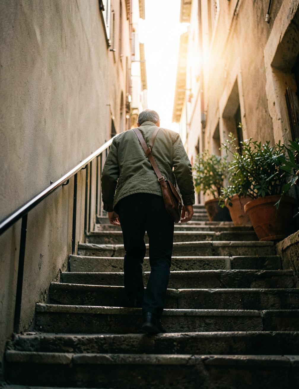 Hombre subiendo unas escaleras en la ciudad al atardecer