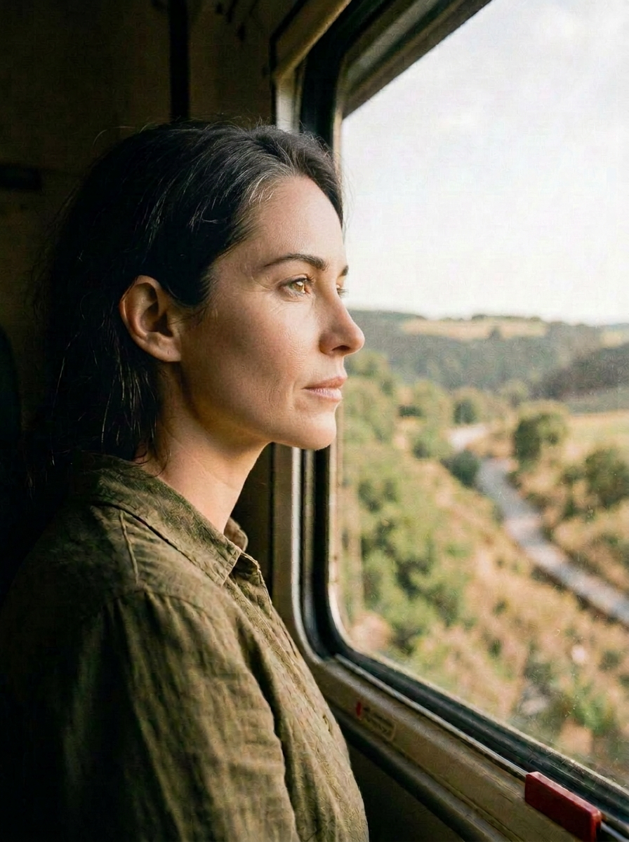 Mujer de unos 38 años mirando el paisaje por la ventanilla de un tren